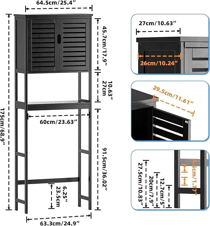 SMIBUY Bathroom Over The Toilet Storage Cabinet, 2 Door Bamboo Cabinet Organizer, Freestanding Space Saver Toilet Rack with Adjustable Inside Shelf and Open Shelf (Black) - ModernBath