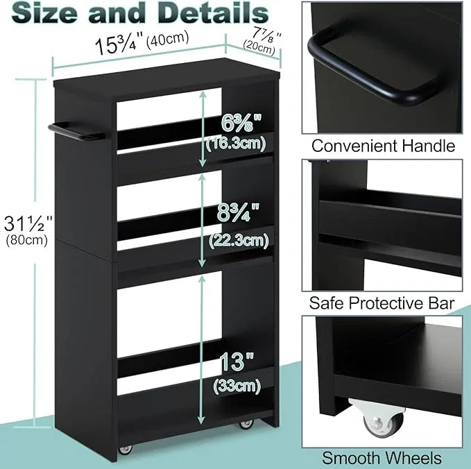 MARTY Rolling Storage Cart 7.9" W, 4-Tier Kitchen Cart with Wheels Handle, Slim Storage Cart Mobile Shelving Utility Carts for Bathroom Laundry Room Organization Narrow Places (All Black) - ModernBath