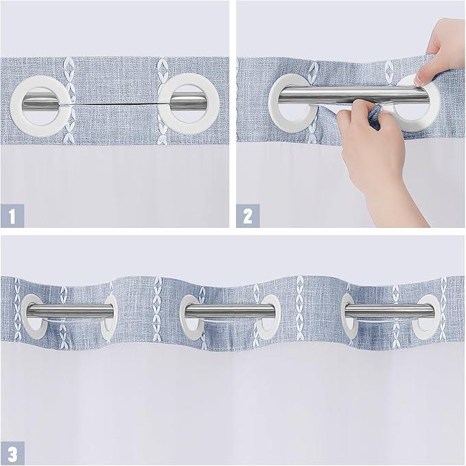 MitoVilla No Hooks Needed Farmhouse Shower Curtain with Snap-in Liner - with Window & Magnets, Boho Cotton Linen Fabric Shower Curtains with Tassels for Rustic Bathroom Decor, Blue, 72 x 74 - ModernBath