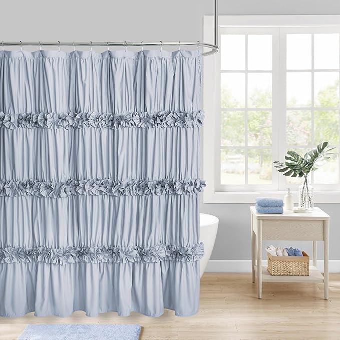 Homechoice Decor Fog Blue Ruffle Shower Curtain 72“ W x 84” H, Vintage Handcrafted Bow Tie Bath Curtain for Master Bathroom, Ruched Microfiber Bathroom Curtain with 12 Buttonholes (LQ-10) - ModernBath