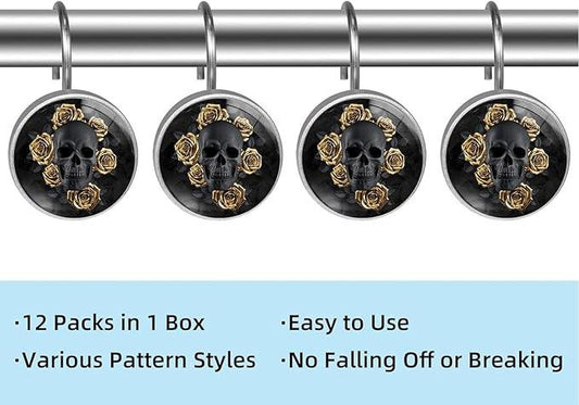 Black Skull with Gold Roses Shower Curtain Hooks Set of 12 Rustproof Metal Decorative Shower Hooks for Curtains Rods Shower Curtain Rings for Bathroom Living Room Bedroom - ModernBath