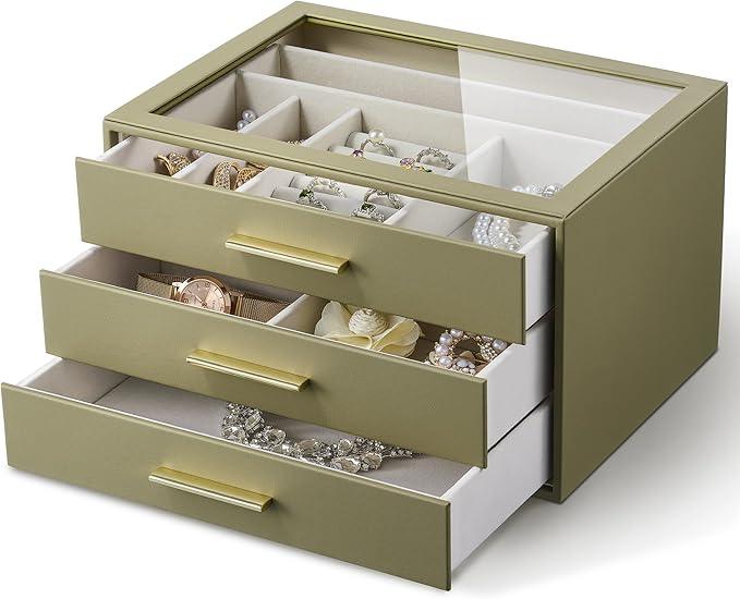 Jewelry Box Organizer Case for Women: 3-Layer Jewelry Storage Case with Glass Window, Olive Green Leather with Cream Velvet, Holder for Ring Necklace Bracelet Brooch Watch, Great Gift for Her - ModernBath