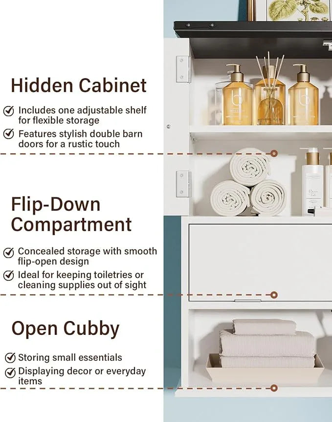 Wall Mounted Bathroom Cabinet with Double Doors, Flip-Down Storage and Open Shelf, Modern White Finish, Over-The-Toilet Space Saver Cabinet - ModernBath