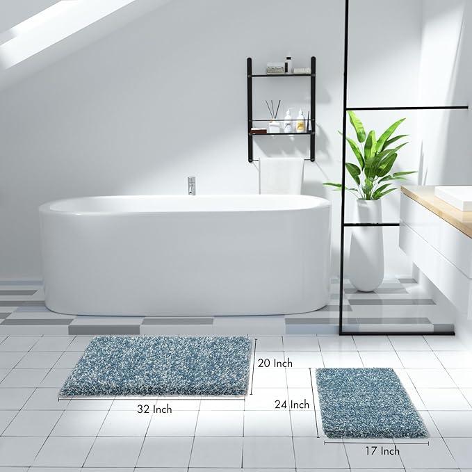Yimobra Bathroom Rug Set 2 Piece, Soft Absorbent Microfiber Bath Mat Set, Non Slip Machine Washable Dry, Plush Shaggy Shower Rugs for Bathroom Floor, 32"x20"+24"x17", Denim Blue and White - ModernBath