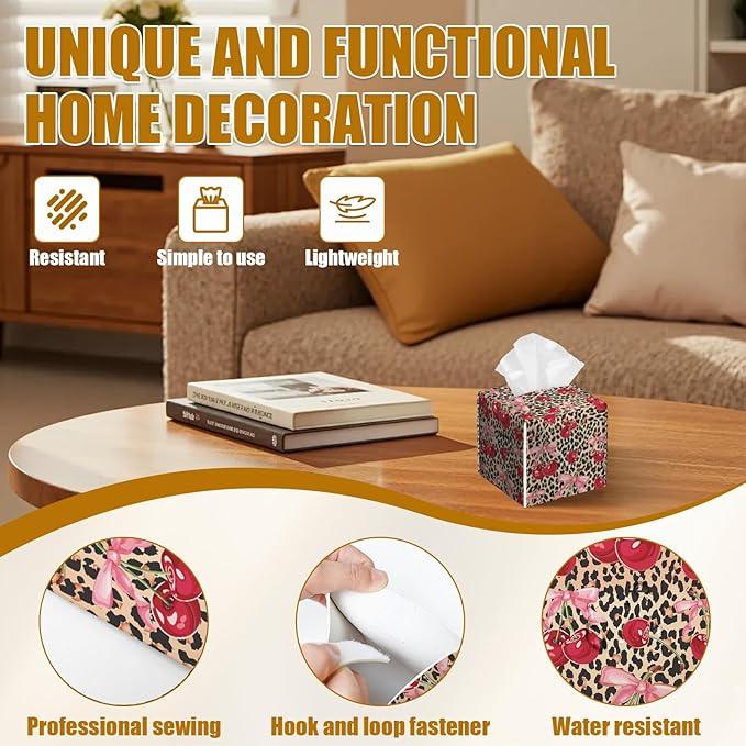 Pink Cherry Bow Tissue Box Cover 2PCS, Leopard Leather Tissue Box Holder Square Facial Paper Case Tissue Box Cube Organizer for Bathroom Bedroom Desk Office - ModernBath