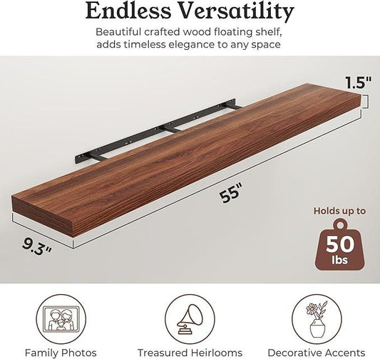 Floating Shelves for Wall, Wall Mounted Rustic Wood Shelves for Bathroom, Bedroom, Living Room, Kitchen, Hanging Shelf for Books/Storage/Room Decor (Walnut, 55") - ModernBath