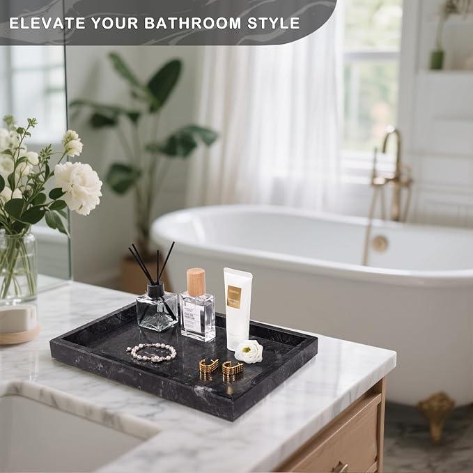 Homaura Marble Bathroom Tray for Countertop & Home Decor, Natural Decorative Marble Tray for Jewelry & Perfume Organizer, Luxury Stone Vanity Trays for Dresser, Kitchen Counter, 12" x 8", Gray Black - ModernBath