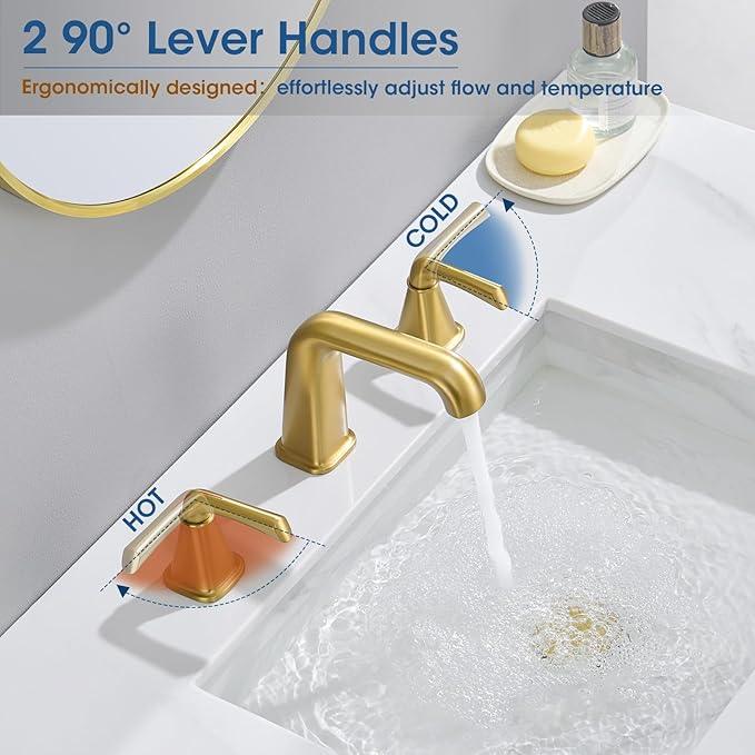 Gold Bathroom Faucet,Bathroom Sink Faucet,Brushed Gold Bathroom Faucet 3 Hole, with Pop Up Drain and CUPC Supply Lines for Vanity,Lavatory RV Farmhouse (HG-8904-BG) - ModernBath