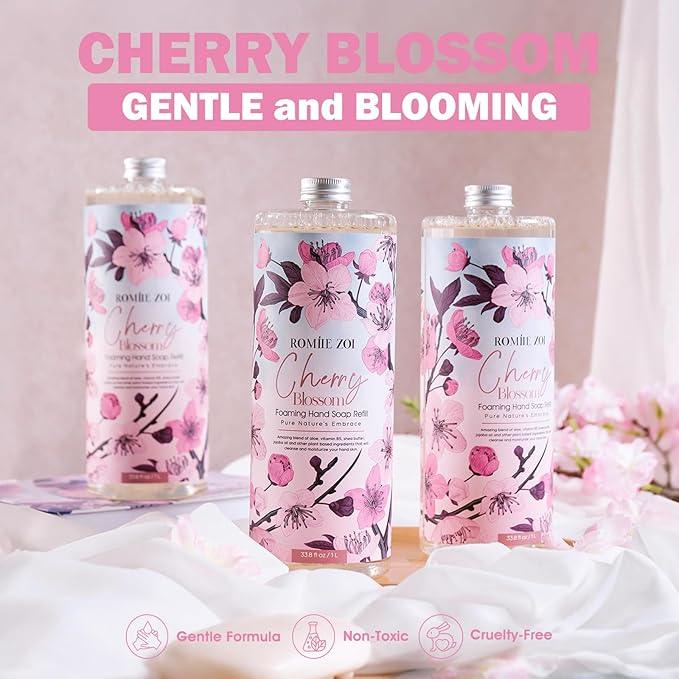 ROMIIE ZOI Cherry Blossom Foaming Hand Soap Refill Gift Set – 3 Pack*33.8 Fl Oz with Refillable Dispenser, Refreshing Floral Scent, Moisturizing & Chemical-Free for Bathroom, Kitchen, Sensitive Skin - ModernBath