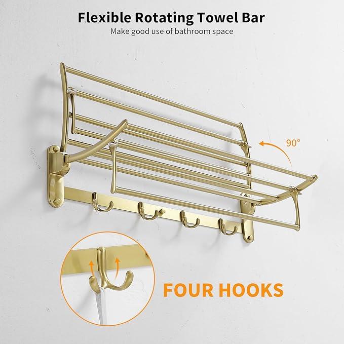 BESy 24 Inch Brushed Gold Towel Racks, Bathroom Towel Shelf with Foldable Towel Bar Holder and Towel Hooks, Wall Mounted Multifunctional Bathroom Accessories, Double Towel Bars - ModernBath