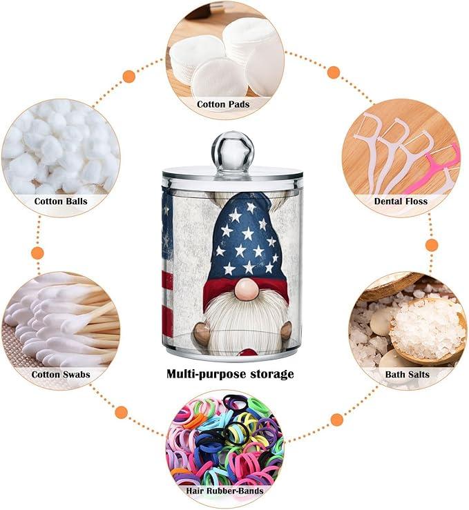 Tatenale Qtip Holder Bathroom Set Q tip Cotton Ball Swab Pad Dispenser Container Organizer Plastic Jars with Lids Storage 2Pack 4th Of July Patriotic Gnomes White - ModernBath
