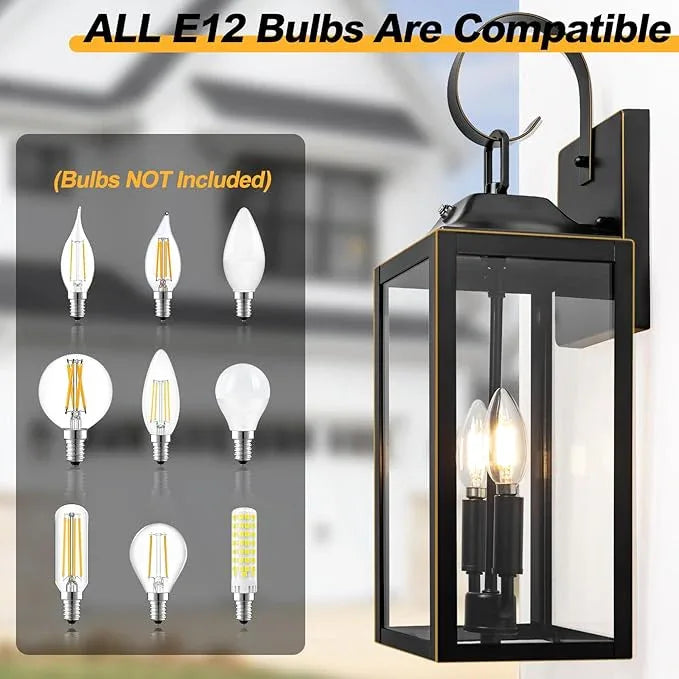 Large Dusk to Dawn Outdoor Lighting - 19" Black Outside Wall Mount Light Fixture with Gold Trim, Exterior Farmhouse Wall Sconce Lantern, Modern Porch Light Exterior Lamp for House 2-Light (1 Pack) - ModernBath