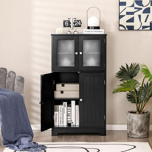 GOFLAME Bathroom Storage Cabinet, Freestanding Storage Cabinet with 4 Doors, Wooden Kitchen Cupboard with Adjustable Shelf, Buffet Sideboard, Multipurpose Home Organizer for Bathroom, Kitchen, Black - ModernBath