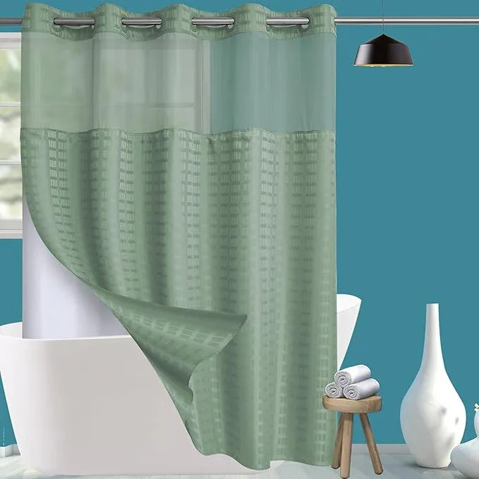 Conbo Mio Extra Long No Hook Sage Green Shower Curtain with Snap in Liner Set, Hotel Luxury Shower Curtains for Bathroom with See Through Top Window, Waterproof, Washable 71W x 84H - ModernBath