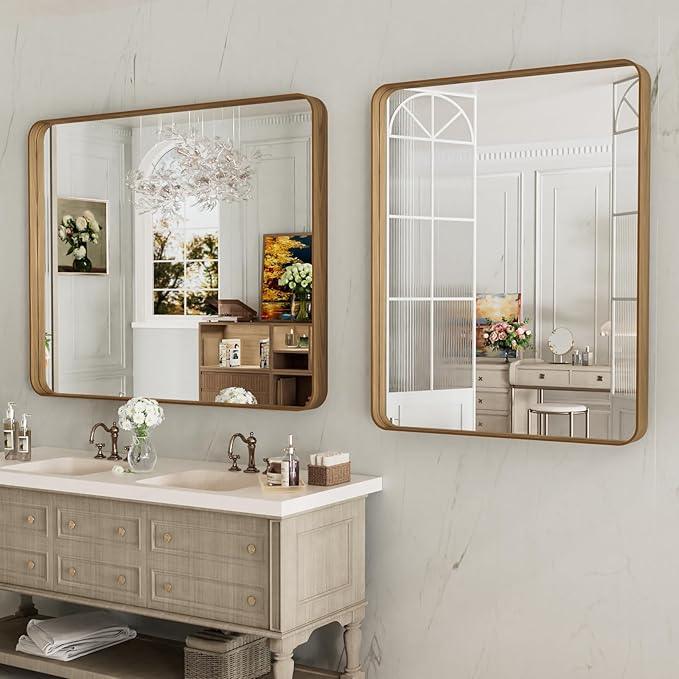 LOAAO 40X24 Inch Bathroom Mirror with Wood Grain Colored Metal Frame, Rounded Rectangle Metal Framed Bathroom Mirror, Anti-Rust, Hangs Horizontally or Vertically - ModernBath