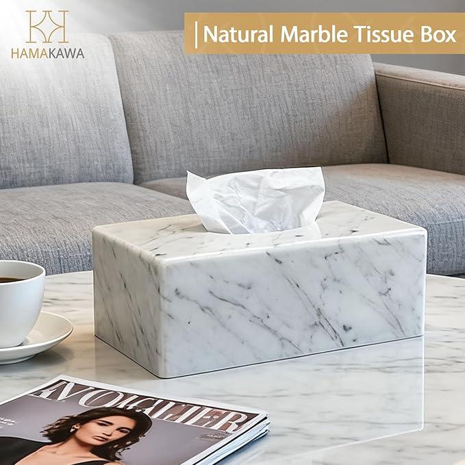 HAMAKAWA Natural Marble Tissue Box Cover, Carrara White Tissue Organizer 10 x 5.7 x 3.5 inch, Heavy Stone Decorative Box, Rectangle Tissue Box Holder for Home Decor, Kitchen, Bathroom, Bedroom - ModernBath