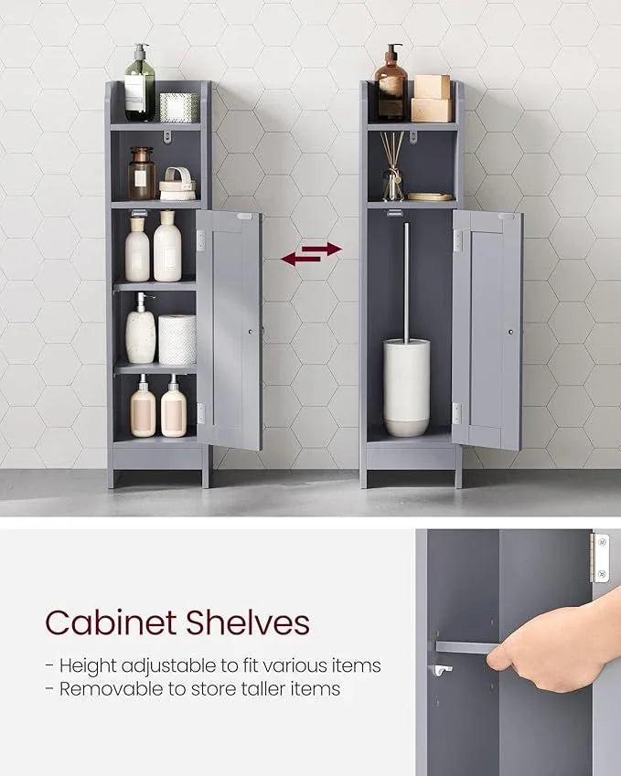 VASAGLE Small Storage Corner Floor Cabinet with Door, 7.9 x 7.1 x 31.5 Inches, Narrow Toilet Paper Storage Holder, Adjustable Shelves, for Bathroom, Living Room, Small Spaces, Dove Gray UBBC310P36 - ModernBath