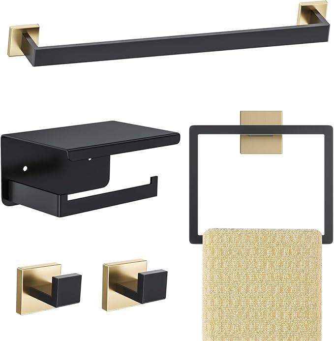 Black and Gold Bathroom Hardware Accessories Set 5-Pieces Towel Bar Set Stainless Steel Towel Holder Set 16 Inch Towel Bar,Towel Racks Set for Bathroom Wall Mounted - ModernBath