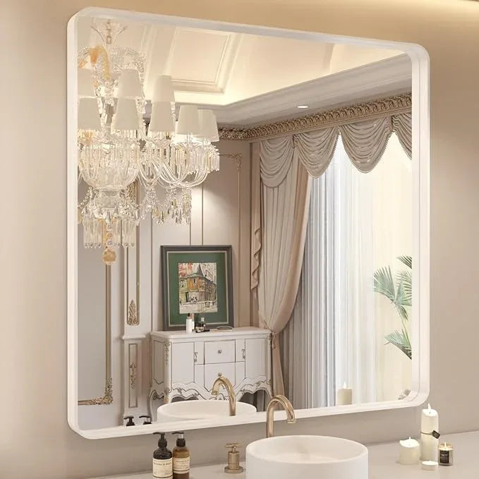WEER White Bathroom Mirror 36X36 Inch, Rounded Rectangle White Metal Frame Mirror, Matte White Bathroom Vanity Mirror with Tempered Glass, Anti-Rust, Hangs Horizontally or Vertically - ModernBath