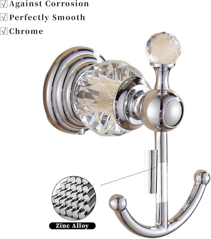 Crystal Silver Towel Hook, Chrome Bathroom Robe Hook, Coat Rack Hanger Heavy Sturdy Double Towel Hooks Bath Farmhouse Clothes Hook Wall Mounted Modern for Bathroom Kitchen Washroom - ModernBath