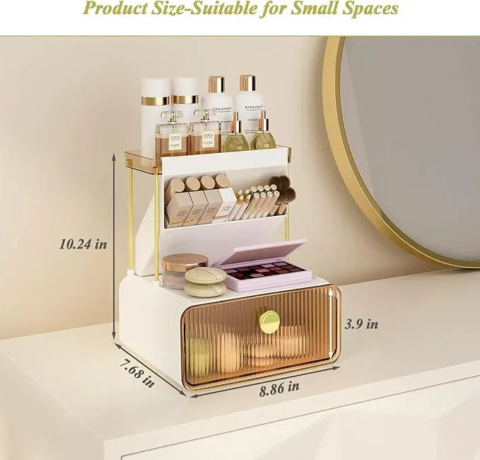 FOLLOWIN 3 Tiers Makeup Organizer with Drawer,Cosmetic Display with Lipsticks Brush Holder,Cosmetics and Beauty Supplies Organizers for Vanity,Dresser,Bathroom Desktop Countertop Organizer,Amber - ModernBath
