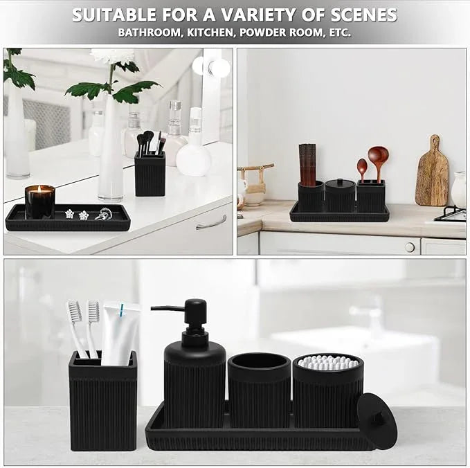 XLHOMO Resin Matte Black Bathroom Accessories Set 5 Pcs, Lotion Soap Dispenser, Toothbrush Holder, Bathroom Tumbler, Qtip Holder and Vanity Tray, Bathroom Countertop Organizer Set for Home Apartment - ModernBath
