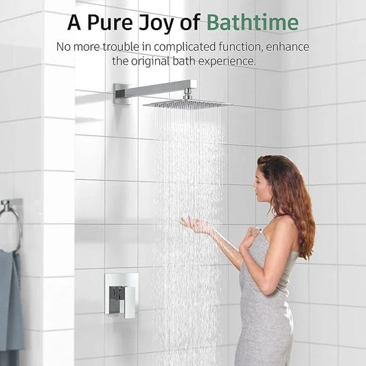 SunCleanse Shower Faucet Set with Valve, 8 Inch Square Shower Head and Handle Set, Single Handle Shower Trim Kit with Extra Long Shower Arm, Polished Chrome - ModernBath