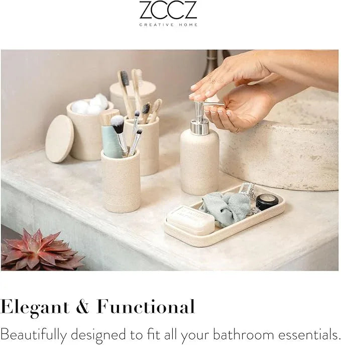 ZCCZ Beige Bathroom Accessories Set 6 Pieces - Toothbrush Holder, Lotion Dispenser, Qtip Container, Vanity Tray, Tumbler - Countertop Organizer for Bathrooms - Elegant and Functional Décor Set - ModernBath