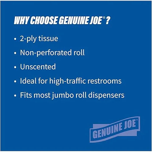 Genuine Joe Jumbo Roll Bath Tissue - 2-Ply White Toilet Paper, 3.3" x 650' per Roll, 12 Count Bulk Pack, Recycled Fiber, Commercial Grade for Dispensers - ModernBath
