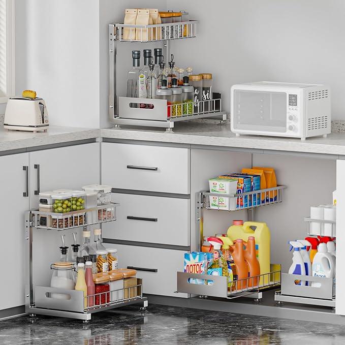 Under Sink Organizer for Kitchen and Bathroom, 2 Tier Pull Out Storage Rack - Height Adjustable Heavy Duty Metal Basket with High Capacity & Safety Stopper, Rustproof for Cleaning Supplies 1 Pack - ModernBath
