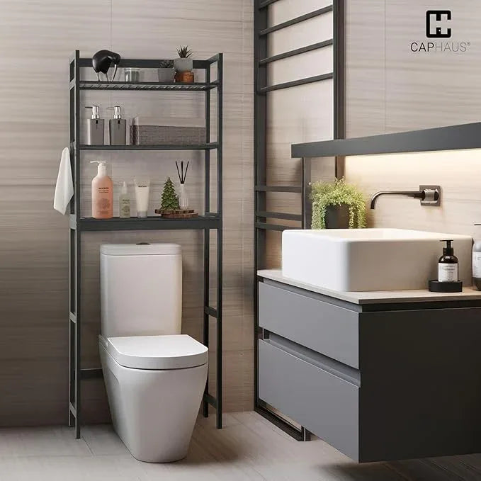 CAPHAUS Over The Toilet Storage Shelf,3-Tier Over-The-Toilet Shelf Rack with Adjustable Feet & Hooks, Freestanding Bamboo Toilet Shelf, Bathroom & Laundry Organizer, Balcony Plant Stand, Black - ModernBath