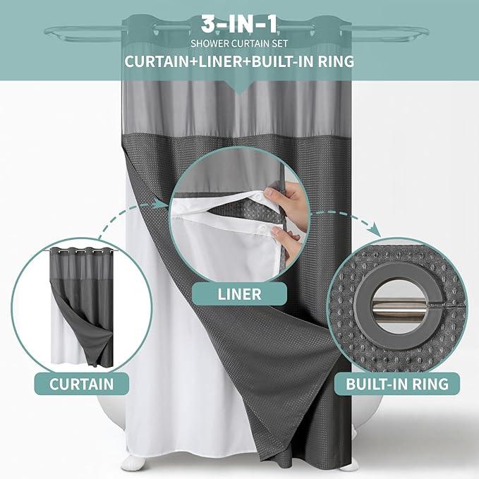 eachope Charcoal Grey No Hook Waffle Weave Shower Curtain with snap-in Liner Replacement, 230GSM Waterproof Fabric Hotel Shower Curtain Set for Bathroom, Through Mesh Top Window,54Wx80H - ModernBath