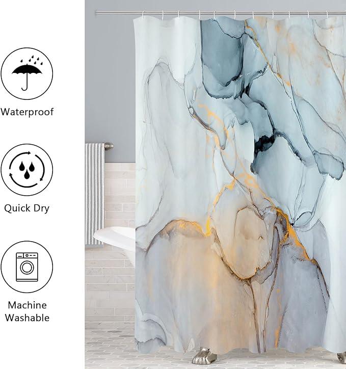 Gibelle 4 Pcs Bathroom Shower Curtain Set with Non-Slip Rugs, Toilet Lid Cover and Bath Mat, Grey Blue Marble Bathroom Decor Set with Shower Curtain and Rugs and Accessories - ModernBath