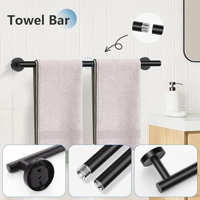 TNOMS 5 Pieces Towel Bar Set Matte Black Bathroom Hardware Set Upgraded Toilet Paper Holder with Shelf Towel Rail Set for Bathroom Stainless Steel Wall Mounted 23.6 Inch - ModernBath
