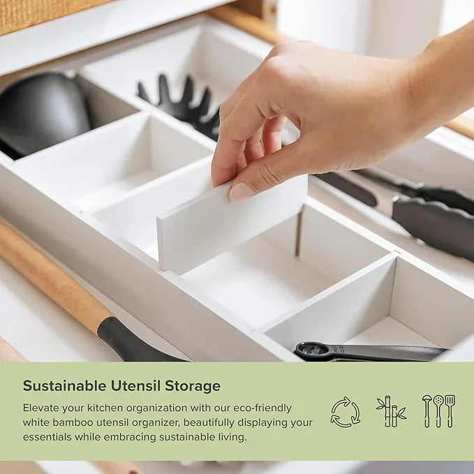 KitchenEdge Adjustable Kitchen Drawer Organizer for Utensils and Junk, Food-Safe Contract Grade with 100% Sustainable Wood, Expandable from 16 to 28 Inches Wide - White Bamboo - ModernBath