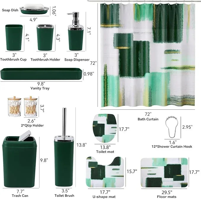 XLHOMO Bathroom Set - Dark Green Bathroom Accessories Set, Bathroom Sets with Shower Curtain and Rugs, Green Shower Curtain Set with Bathroom Trash Can, Soap Dispenser, Soap Dish for Home Decor - ModernBath