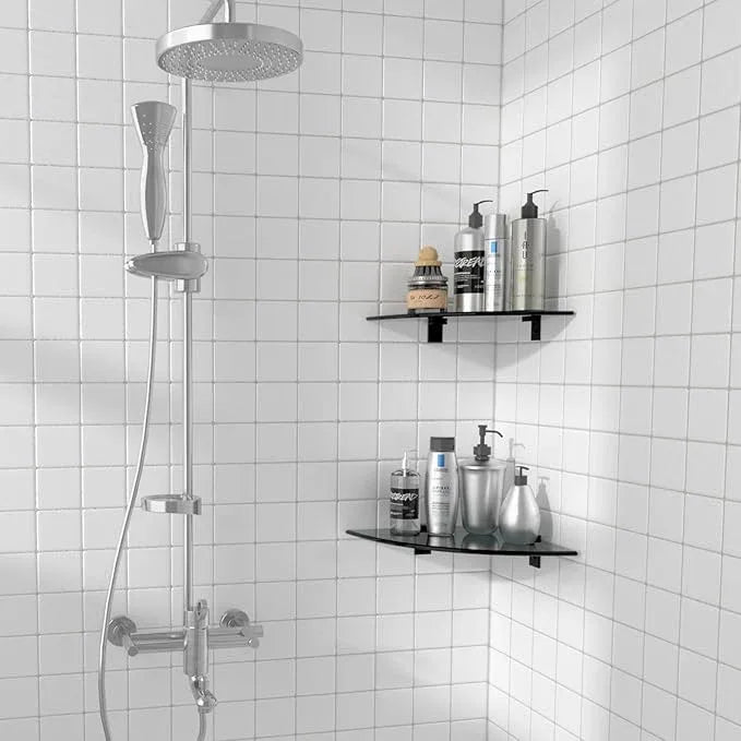 2-Pack Glass Shelf Shower Caddie, Shower Shelves for Inside Shower, Drilling Free Adhesive Wall Mounted Bathroom Organizer Shelves with Aluminium Brackets, Black - ModernBath