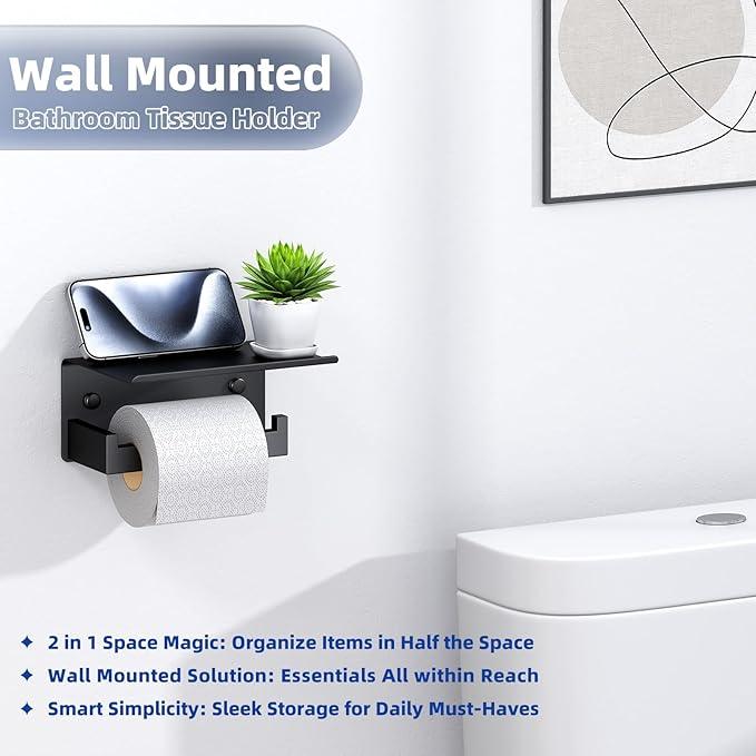 APLusee Toilet Paper Holder with Shelf Matte Black, 304 Stainless Steel Tissue Holder, Wall Mounted - ModernBath