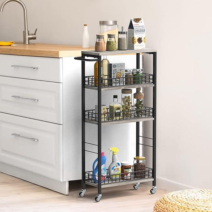 4 Tier Slim Storage Cart Narrow Laundry Cart on Wheels Utility Kitchen Rolling Cart with Wood Tabletop Mobile Shelving Unit Bathroom Storage Organizer Slide Out Rolling Tower for Narrow Spaces - ModernBath