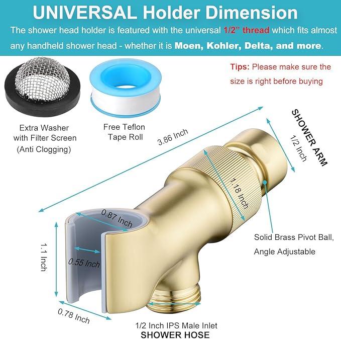 Shower Head Holder All Metal Adjustable Handheld Shower Arm Mount, 1/2" Shower Hose Holder Fits Most Hand Showerheads, Brass Hand Held Shower Head Holder , Easy to Install(Brushed Gold) - ModernBath