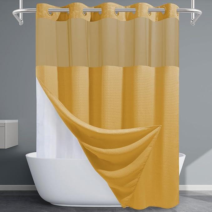 EUTXL Gold Hotel Shower Curtain - 230GSM Waffle Textured Heavy Duty Thick Fabric Shower Curtains for Bathroom,71W x 74H - ModernBath