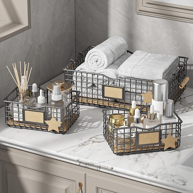 Bathroom Tray Organizers and Storage, 3 Pack Storage Baskets with Wooden Handles, Multipurpose for Bathroom, Coffee Bar, Kitchen cabinet, Living Room - Grey - ModernBath