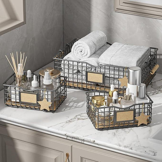 Bathroom Tray Organizers and Storage, 3 Pack Storage Baskets with Wooden Handles, Multipurpose for Bathroom, Coffee Bar, Kitchen cabinet, Living Room - Grey - ModernBath