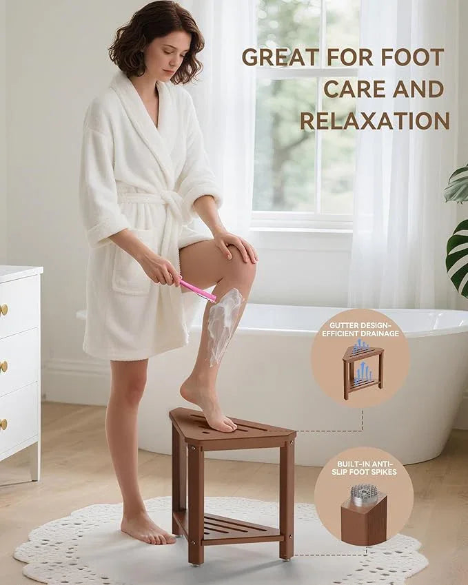 Teak Shower Foot Rest 15in, HDPE Waterproof Shower Stool for Inside Shower, Corner Shower Stool for Shaving Legs with Storage Shelf for Small Space, Shower Step Stool, Plastic Corner Shower Bench - ModernBath