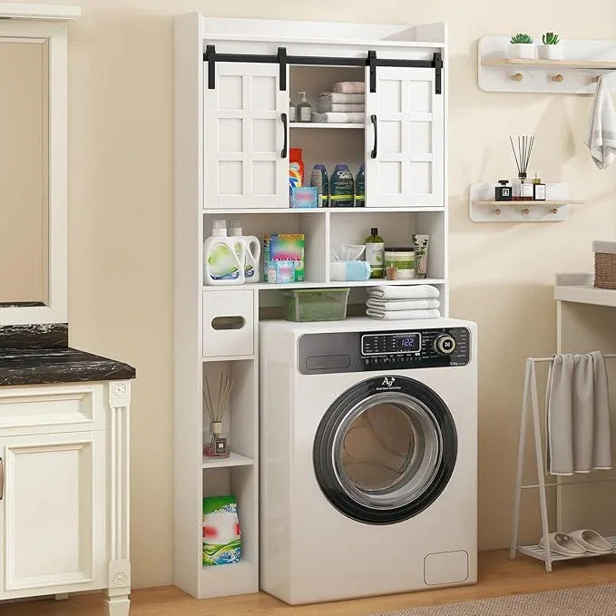 Over The Toilet Storage Cabinet, Farmhouse Storage Cabinet Over Toilet with Sliding Doors，Home Space-Saving Toilet Rack, for Bathroom, Restroom, Laundry,White - ModernBath