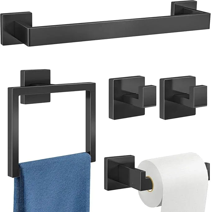 5-Piece Bathroom Hardware Accessories Set, Towel Racks for Bathroom Wall Mounted Stainless Steel, Matte Black Towel Bar Set 16In - ModernBath