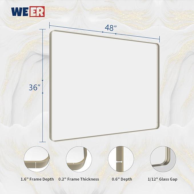 WEER 48X36 Inch Brushed Nickel Bathroom Mirror, Brushed Silver Metal Frame Mirror, Rounded Rectangle Silver Bathroom Vanity Mirror, Tempered Glass, Anti-Rust, Hangs Horizontally or Vertically - ModernBath