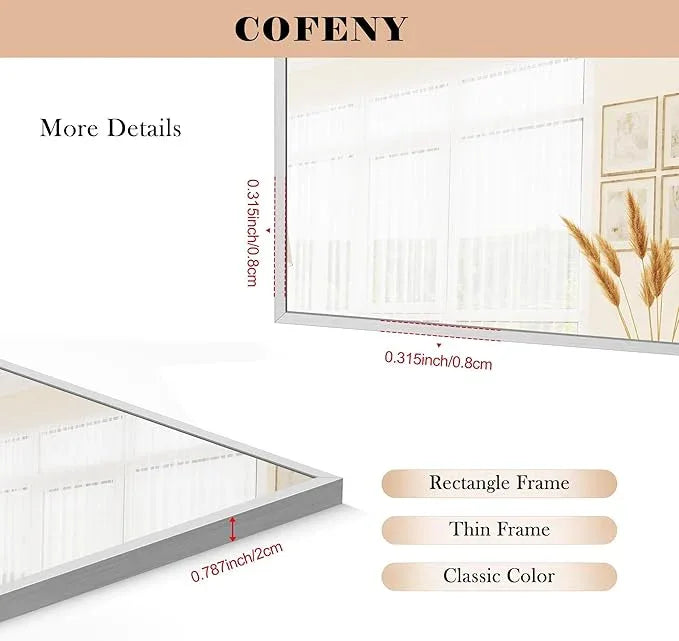 COFENY 36x55inch Bathroom Mirror, Silver Rectangle Mirror with Thin Metal Frame, Large Rectangular Wall Mirrors for Bathroom, Living Room, Hair Salon, Big Mirror Hang Horizontal/Vertical - ModernBath