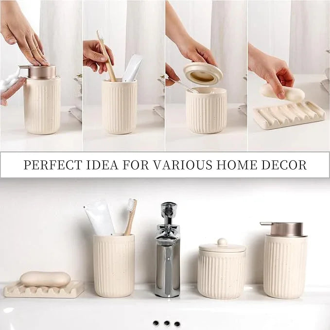 BosilunLife Bathroom Accessories Set - Ceramic Bathroom Set Bathroom Decor Sets Bathroom Counter Foam Soap Dispenser and Toothbrush Holder Set, Soap Dish, Apothecary Jar (Striped Apricot) - ModernBath