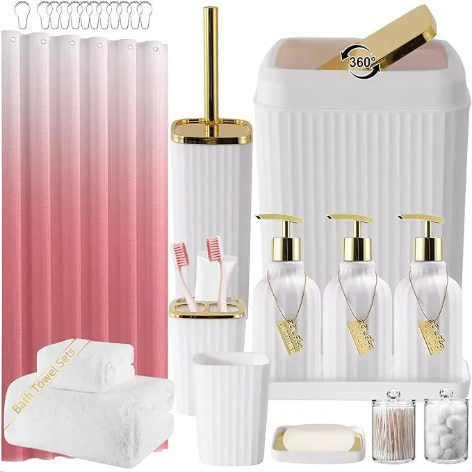 WSBArt 32PCS Bathroom Accessories Set Bathroom Set,White Shower Curtain Set,Bath Towel Set,Hand Towel,Toilet Brush,Trash Can & 3PCS Soap Dispenser - ModernBath
